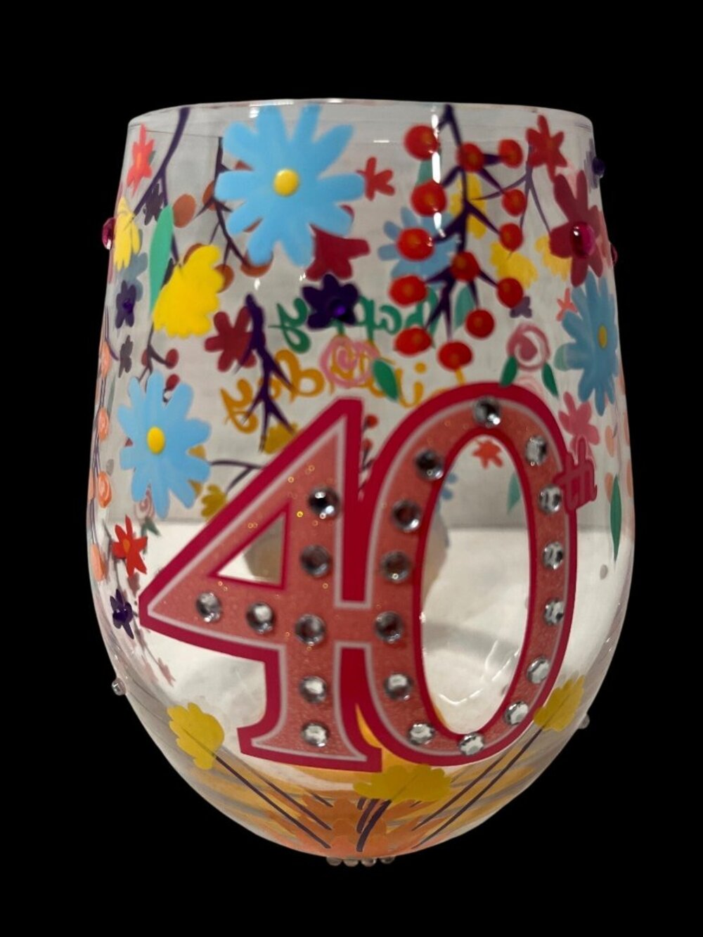 Lolita 40th Birthday Stemless Wine Glass With Rhinestones & Floral Design 20 Oz